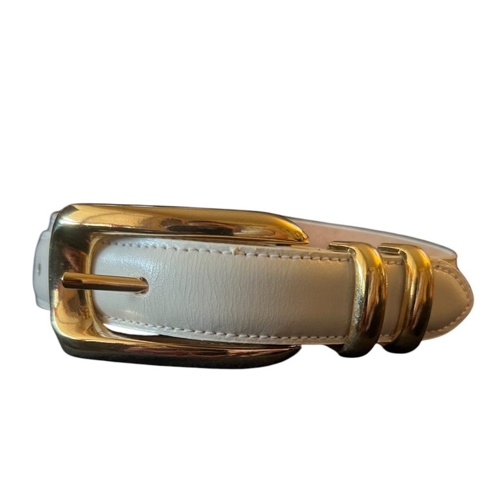 Vintage Perry Ellis White Leather Belt with Gold Buckle